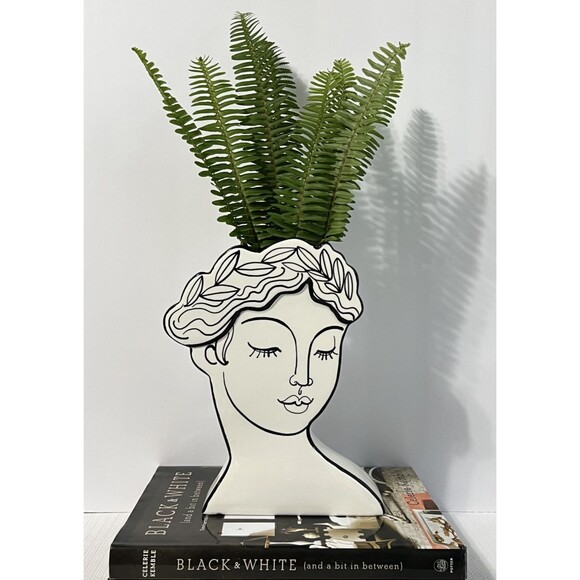 Elegant Head Ceramic Vase Planter Bridgerton Victorian Bust Black and White - Picture 6 of 17